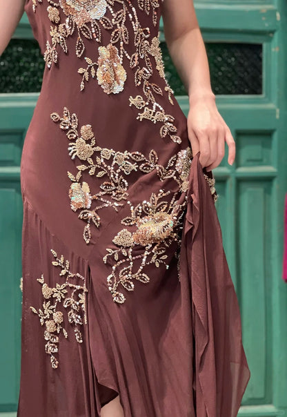 Vintage Brown Irregular Strap Beaded Sequined Prom Dress Evening Dress cc5293