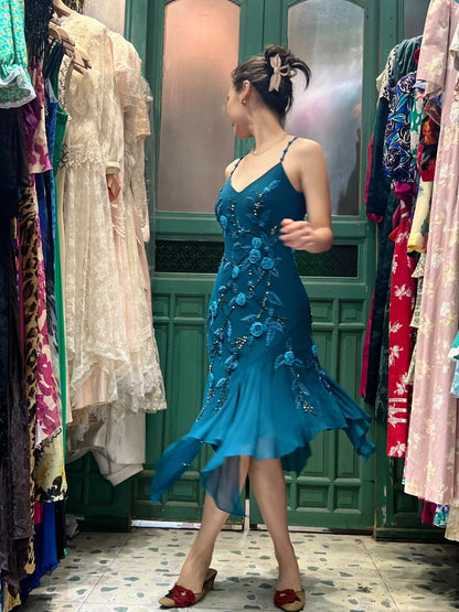 Retro Elegant Peacock Blue Irregular Deep V Halter Embroidered Chiffon Prom Dress Evening Dress cc5295