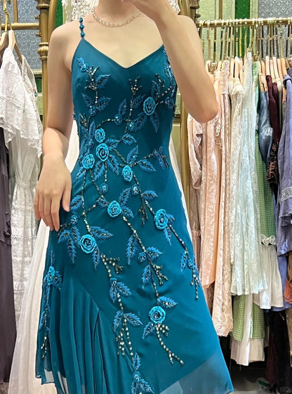 Retro Elegant Peacock Blue Irregular Deep V Halter Embroidered Chiffon Prom Dress Evening Dress cc5295