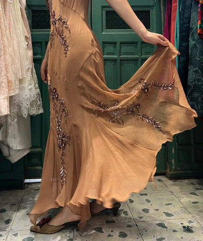 Elegant Brown And Gold Mermaid Halter-Neck Embroidered Beaded Chiffon Long Prom Dress Evening Dress cc5296