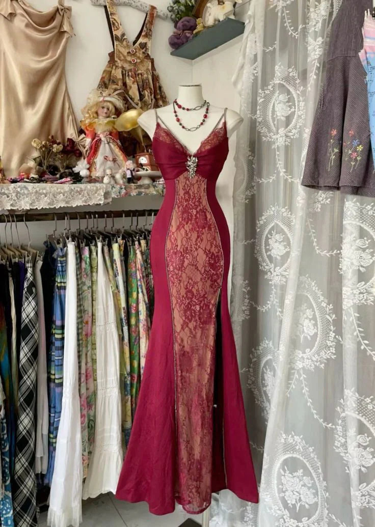 Retro Lace Burgundy Long Prom Dress Mermaid Evening Party Gown  cc3017