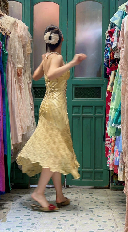 Retro Yellow Irregular Deep V Halter Lace Satin Prom Dress Evening Dress cc5297