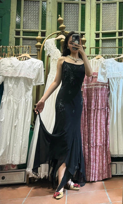 Elegant Black Irregular Strap Beaded Chiffon Long Prom Dress Evening Dress cc5298