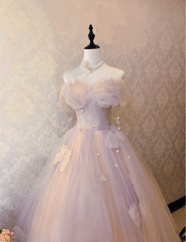 Dreamy Light Pink Off-shoulder Tulle Floor-Length Ball Gown Evening Dress cc5304
