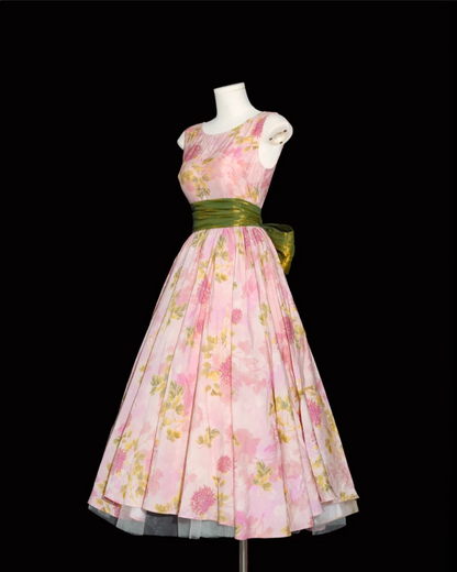 Retro Pink Floral Print A-line Round Neck Bow Waist-Cinching Long Prom Dress cc5306