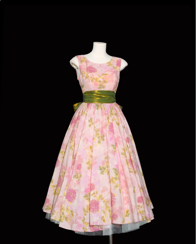 Retro Pink Floral Print A-line Round Neck Bow Waist-Cinching Long Prom Dress cc5306