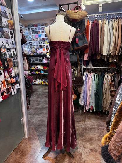 Vintage Burgundy Spaghetti Strap Halter Neck Satin Long Prom Dress Evening Dress cc5307