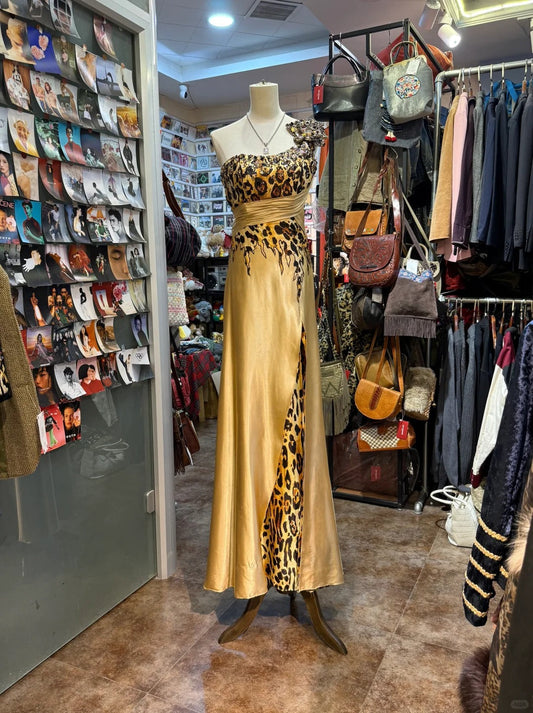Wild Gold-Brown Leopard Print One-Shoulder Satin Long Prom Dress Evening Dress cc5312