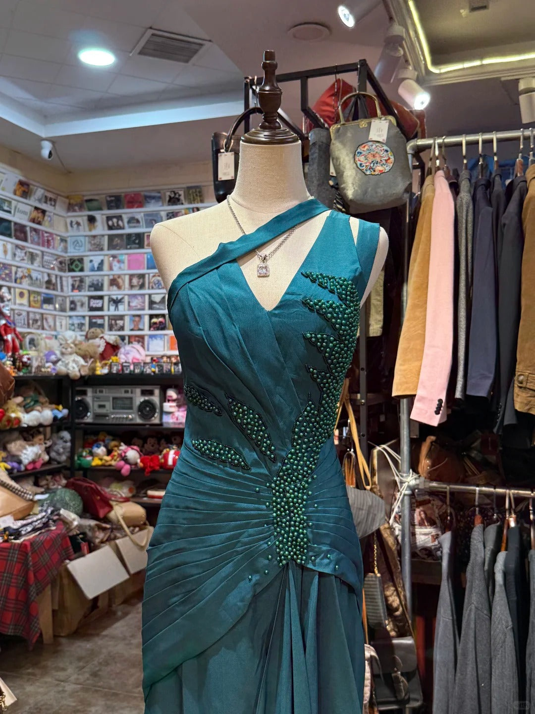 Elegant Peacock Green One-Shoulder Pearl Ribbon Satin Long Prom Dress Evening Dress cc5313