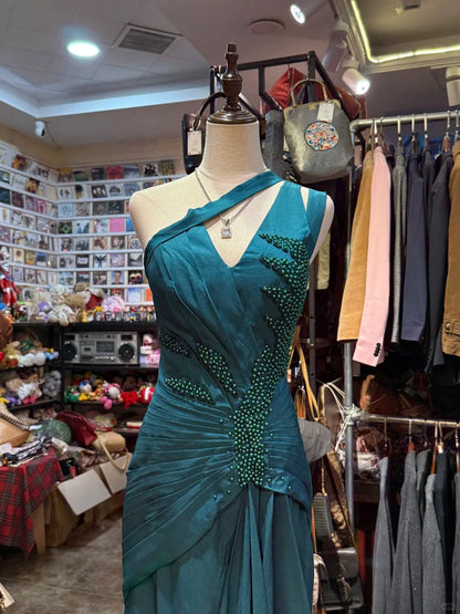 Elegant Peacock Green One-Shoulder Pearl Ribbon Satin Long Prom Dress Evening Dress cc5313