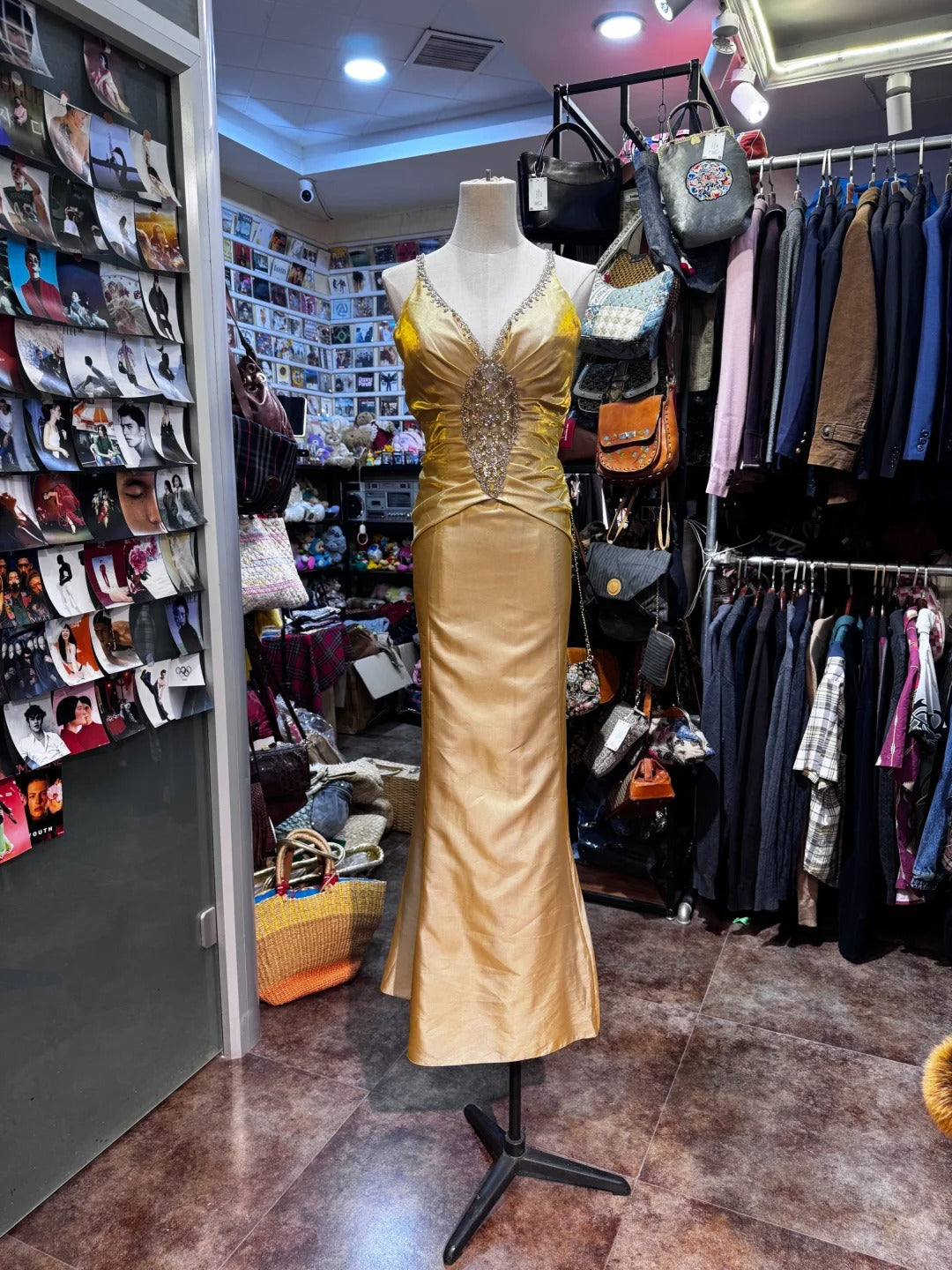 Vintage Gold Mermaid V-neck Sequined Satin Long Prom Dress Evening Dress cc5314