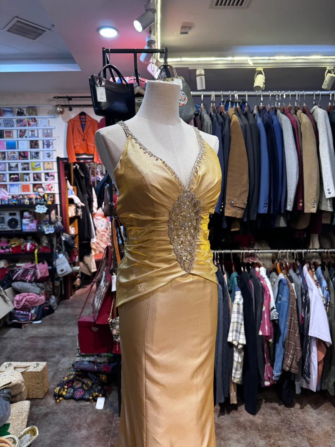 Vintage Gold Mermaid V-neck Sequined Satin Long Prom Dress Evening Dress cc5314