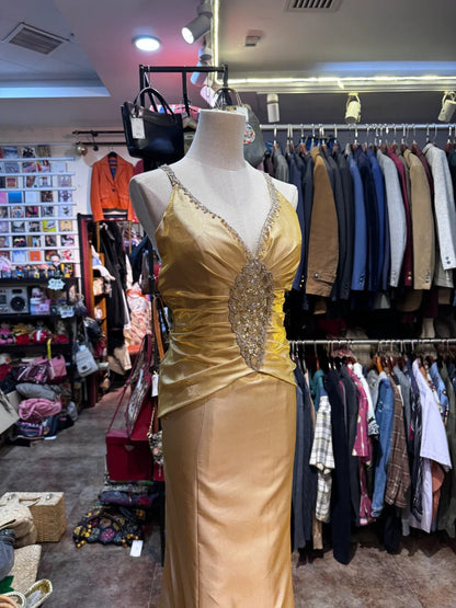 Vintage Gold Mermaid V-neck Sequined Satin Long Prom Dress Evening Dress cc5314