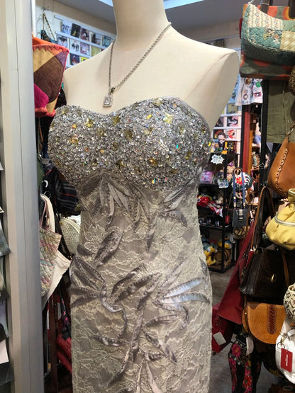 Elegant Grey Mermaid Strapless Sequined Lace Long Prom Dress Evening Dress cc5318