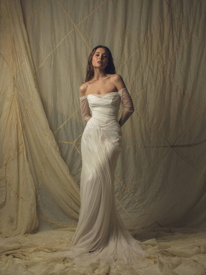 Elegant White Off-the-Shoulder Ruched Tulle Train Wedding Dress cc5573