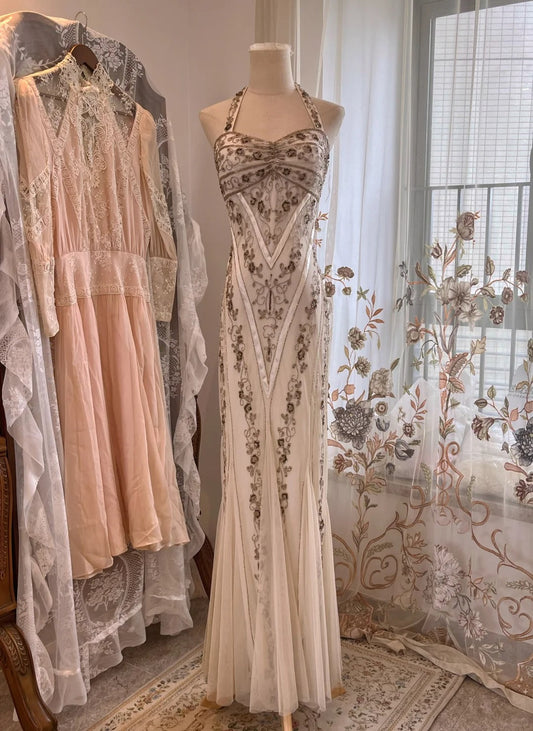 Vintage White Mermaid Halter Neck Beaded Backless Tulle Long Prom Dress Evening Dress cc5323