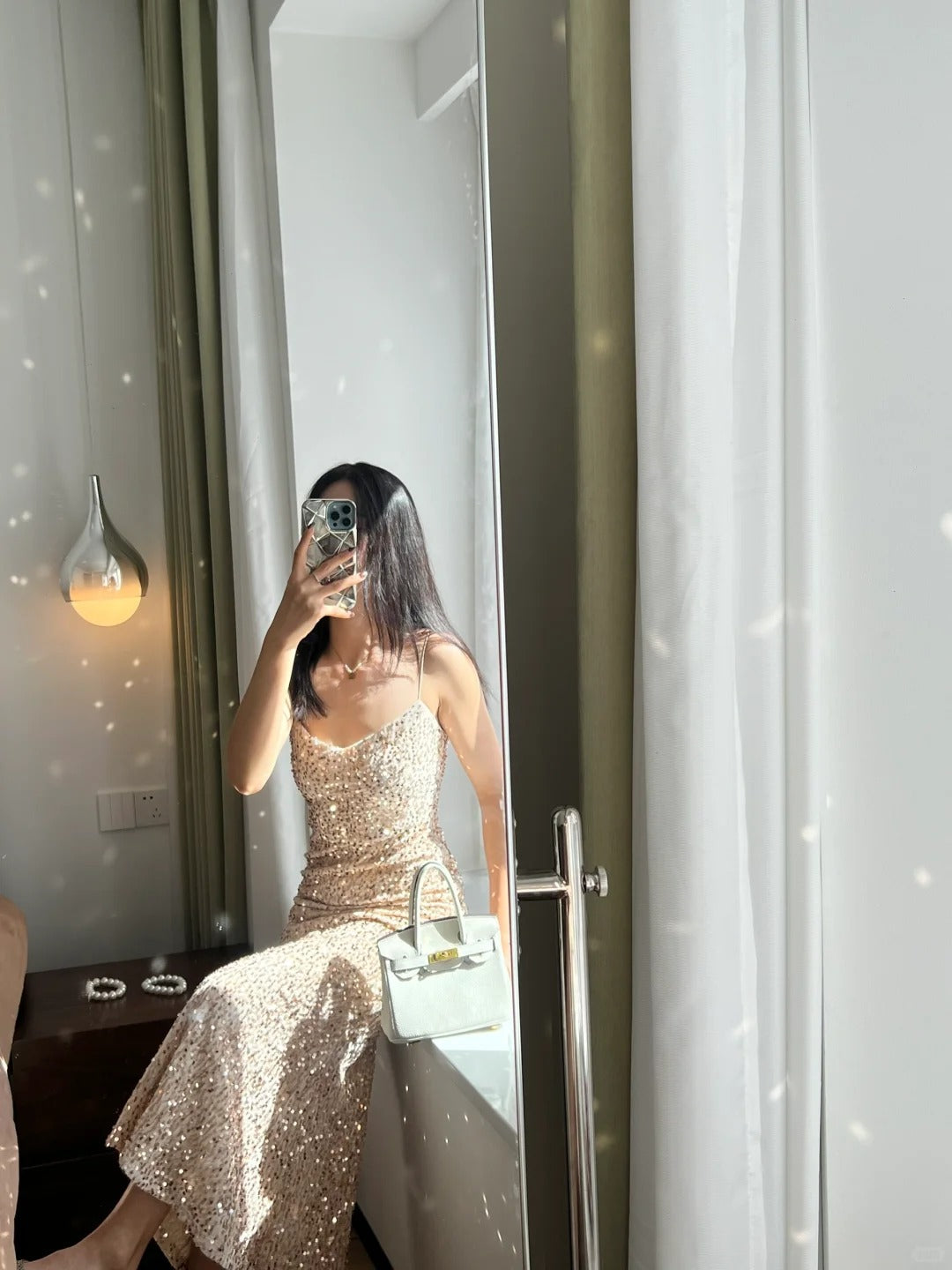 Elegant Champagne Gold Mermaid Halter V-neck Sequined Long Prom Dress Evening Dress cc5326