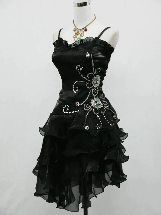 girlhomeshops--Blue/Black Delicate Floral Beaded Short Ruffled Tulle Homecoming Dress gh5635