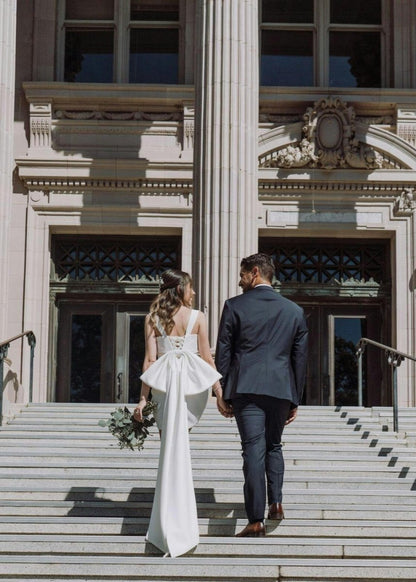 Yvaine | Square Neck White Satin Short Wedding Dress with Bow Back and Veil