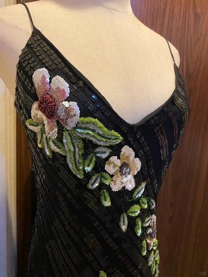 Retro Black Mermaid Deep V Halter Sequined Long Prom Dress Evening Dress cc5333