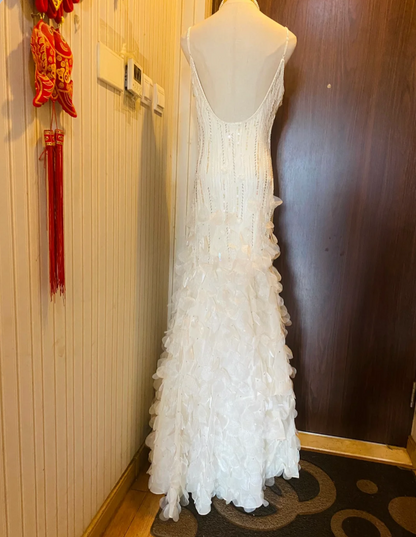 Dreamy White Mermaid Beaded 3D Petal Sequin Long Prom Dress Evening Dress cc5334