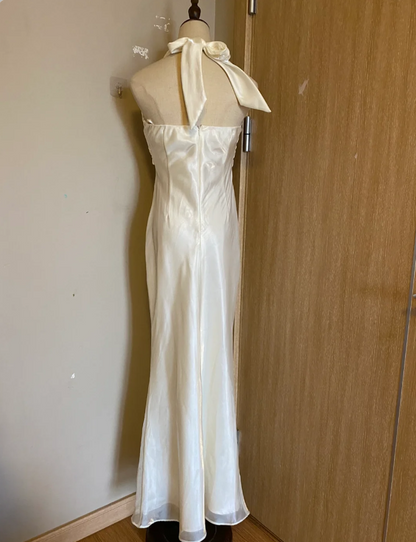 Elegant White Mermaid Halter Neck Satin Long Prom Dress Evening Dress cc5337