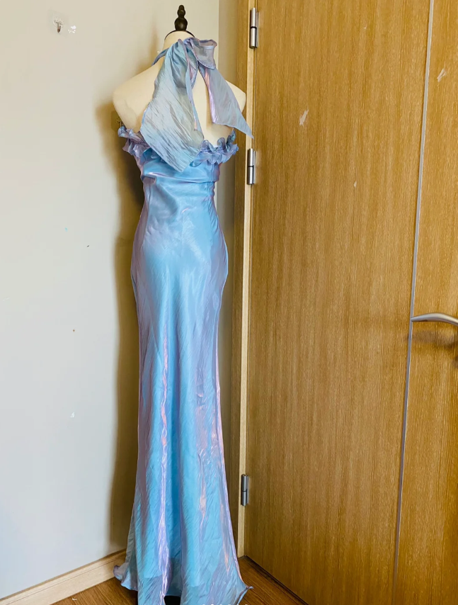 Dreamy Mermaid 3D Floral Ruffle Halter Neck Satin Long Prom Dress Evening Dress cc5338