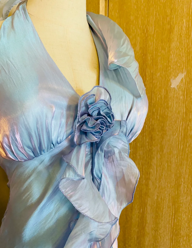 Dreamy Mermaid 3D Floral Ruffle Halter Neck Satin Long Prom Dress Evening Dress cc5338