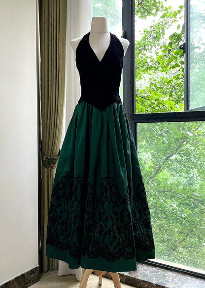 Retro Black And Green A-line Halter Neck Velvet And Satin Prom Dress Evening Dress cc5340