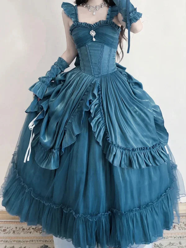 Light Blue Mysterious Vintage Fashion Elegant Long Satin Floor Length Ball Gown Evening Dress Party Dress gh4248