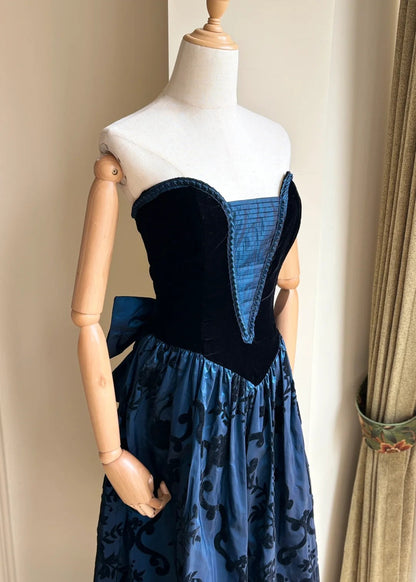 Retro Blue And Black A-line Strapless Bow Jacquard Velvet Long Prom Dress Evening Dress cc5341