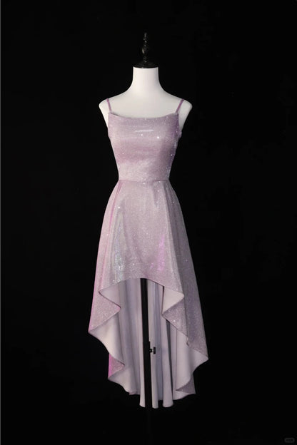 Pink shiny homecoming dress short front and long back satin swing collar smart coming of age ceremony robe daily date prom dress evening dress party dress gh4538
