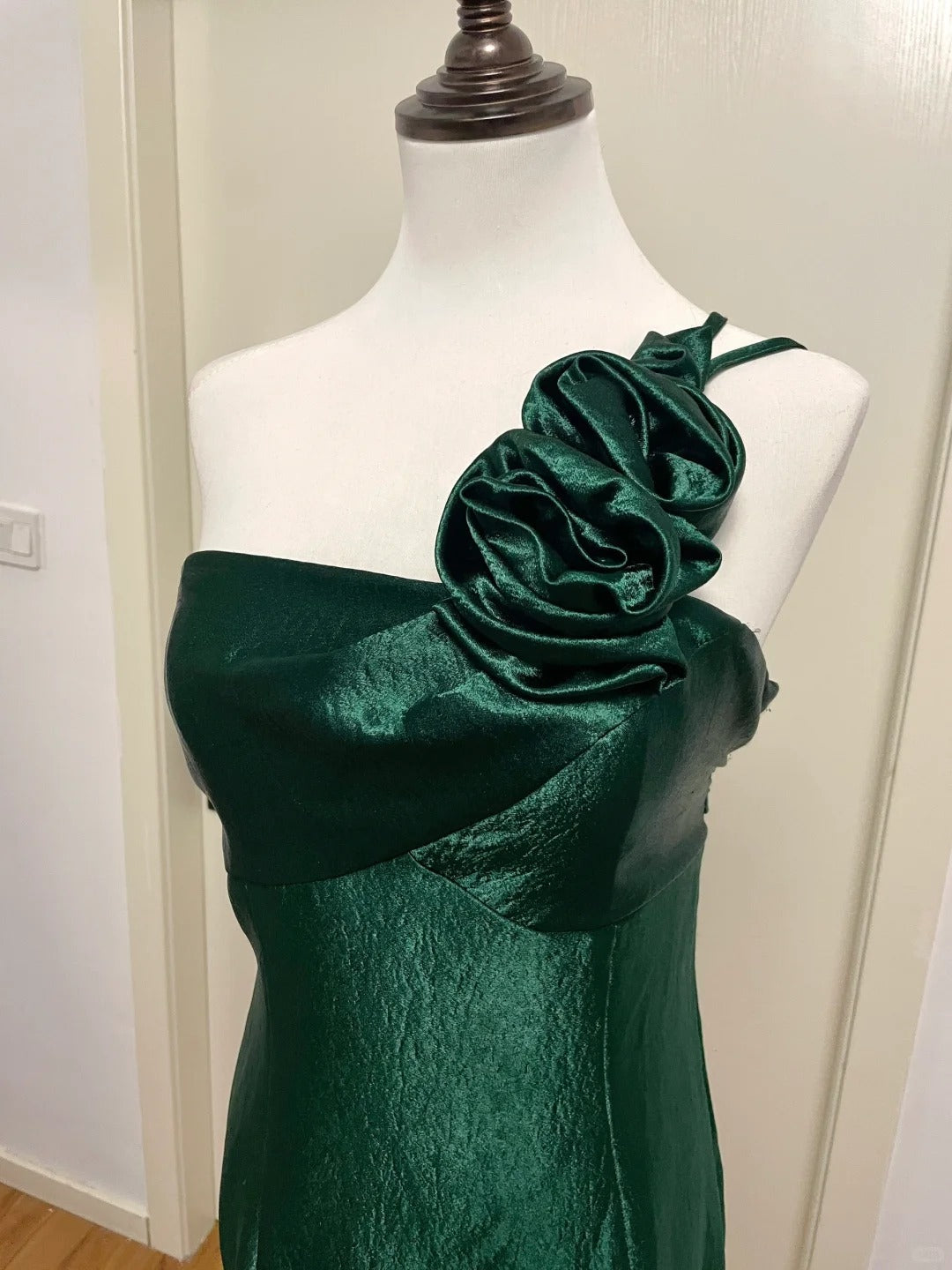 Elegant Dark Green 3D Floral One-shoulder Satin Long Prom Dress Evening Dress cc5342