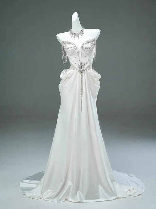 White Beaded Elegant Long Satin Ball Gown Evening Gown Wedding Dress gh4370