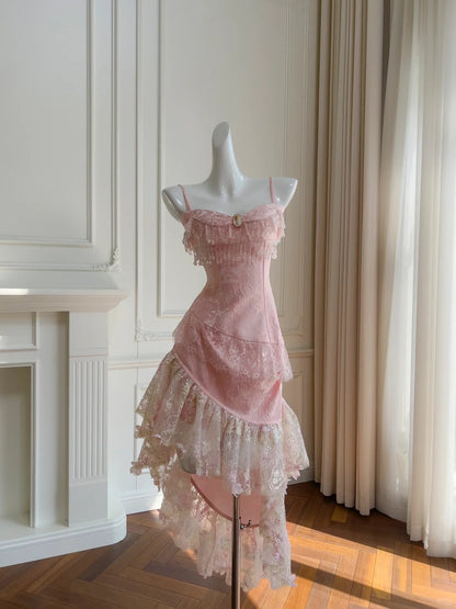 Pink Lace Vintage Flowy long/Short Homecoming Dress Chiffon Ball Gown Birthday Party Dress gh4406
