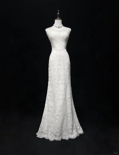 White Retro Fashion Sweetheart Neck Elegant Exquisite Lace Long Lace Tulle Floor Length Trailing Ball Gown Evening Gown Prom Gown Wedding Dress gh3873