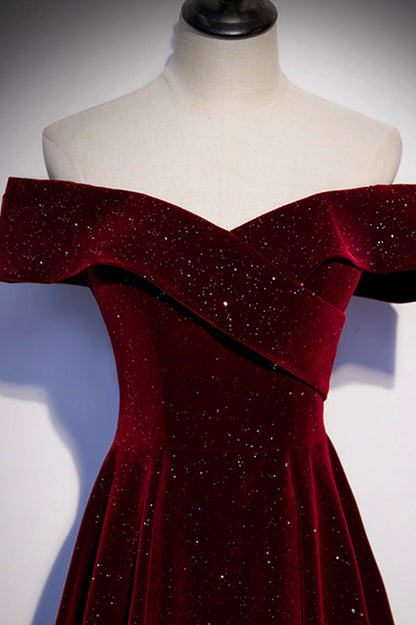 Burgundy Shiny Elegant Velvet Long A-Line Ball Gown Evening Dress 8560