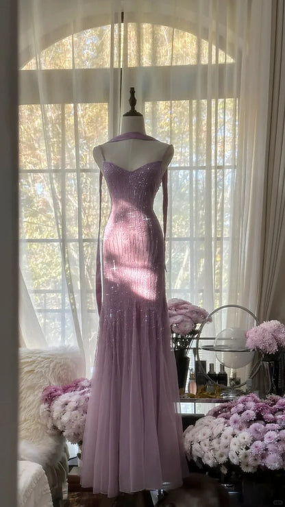 Pink Purple Gorgeous Shiny Elegant Exquisite Beaded Mermaid Slim Fit Long Chiffon Spaghetti Straps Tulle Sequins Formal Prom Dress Evening Dress Party Dress gh3654