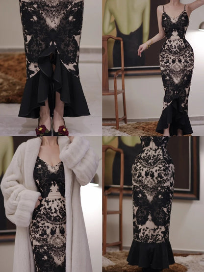 Vintage Dark Romantic Court Style Lace Paneled Ankle-Length Mermaid Butterfly Print Camisole Gown - Slim Elegant Dress for Dinner & Party Events gh6490