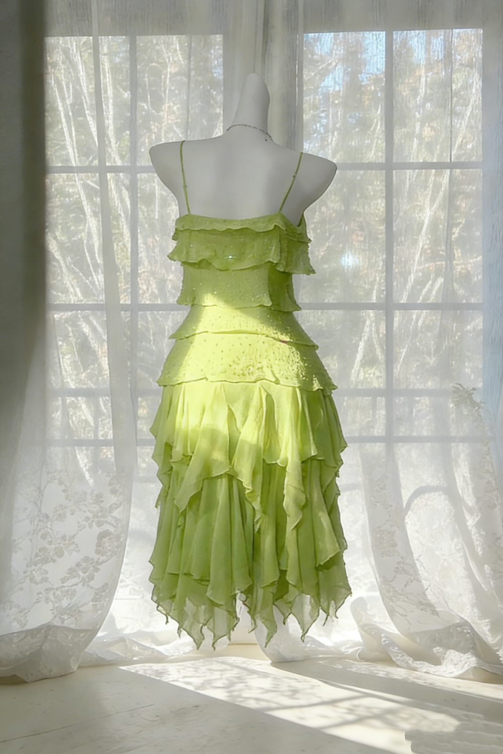 ✨Lime Green Ruffled Sequin Dress - Asymmetric Hem Cami Party Gown gh6941