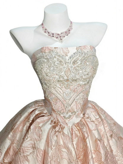 Pink-Gold Butterfly Feather Strapless Beaded Mini Ball Gown gh6922