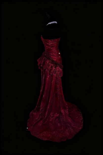 Luxury Sexy Style Strapless Sleeveless Gown | Burgundy Satin Shimmer Mermaid Train Maxi Dress for Gala Red Carpet Ball Engagement Banquet gh6421