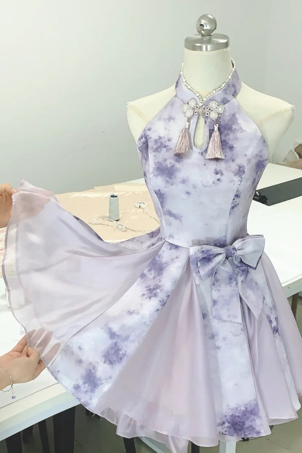 girlhomeshops--Purple gradient color new Chinese style pearl stand collar with button bow fairy dress oriental aesthetics gh5731