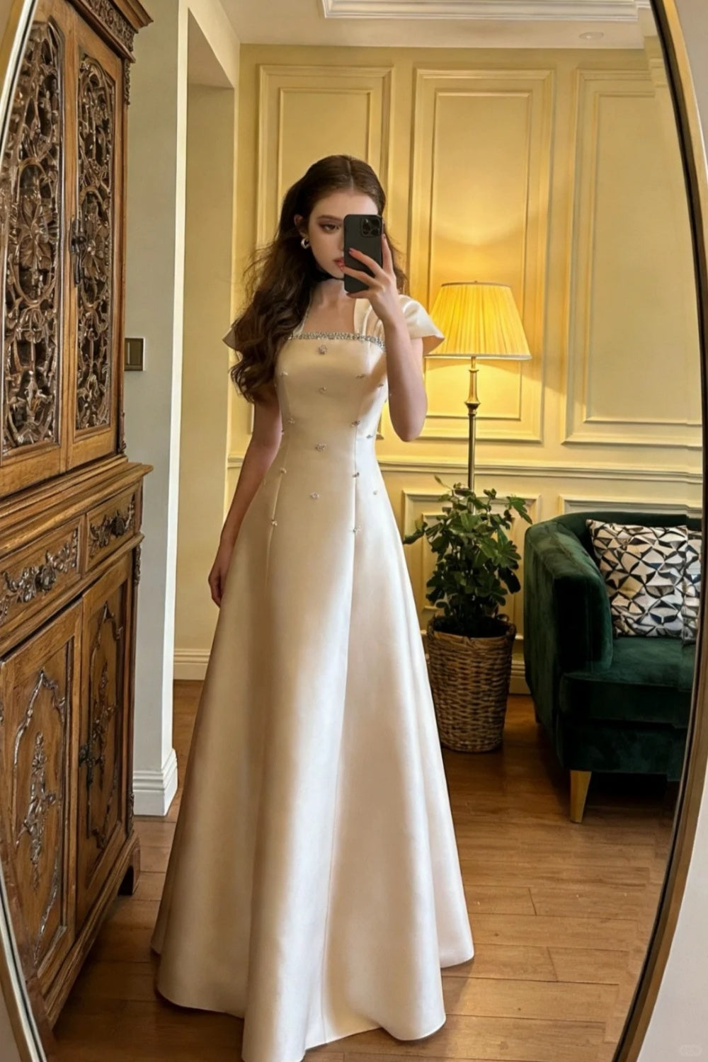 Pink Beaded Vintage Long Satin Birthday Dress, Party Dress, Short-Sleeved Prom Dress, Evening Dress gh7080