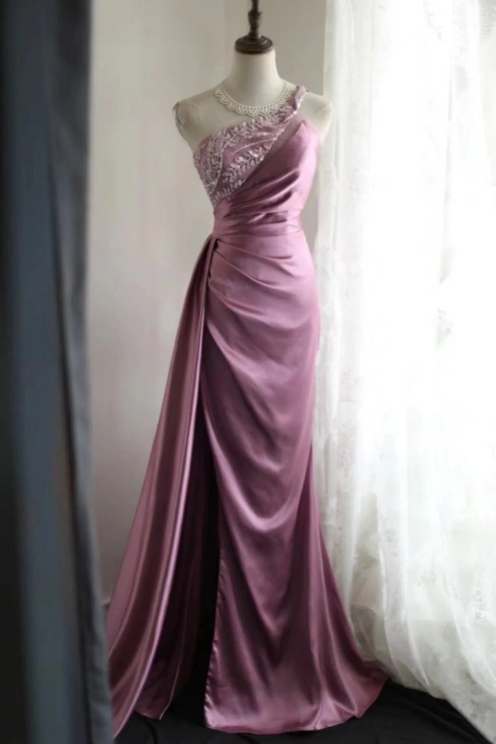 Pink bead elegant long fashion dress satin dress gh6644