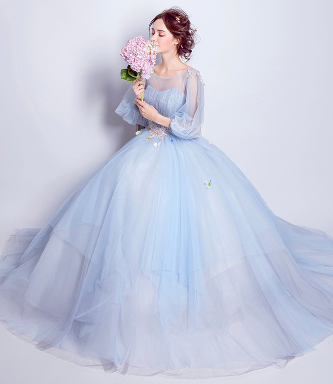 Blue tulle sequins long ball gown dress blue evening dress  10360