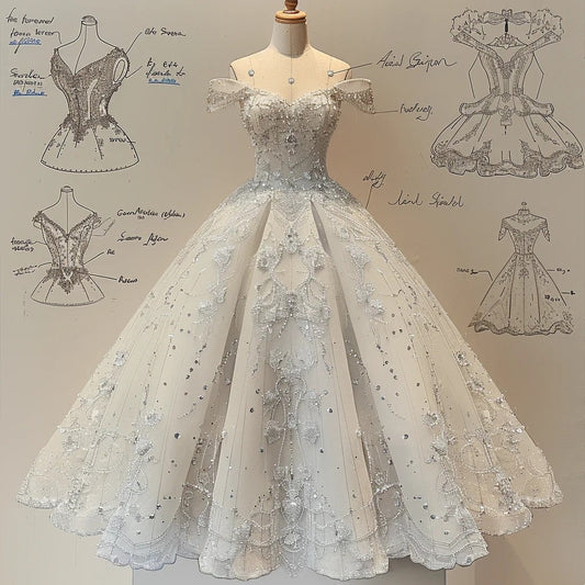 White gorgeous beaded applique exquisite long tulle ball gown evening gown wedding dress gh4724
