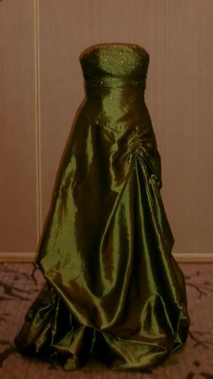 Elegant Green A-line Rhinestone Embellished Satin Long Prom Dress Evening Dress cc5404