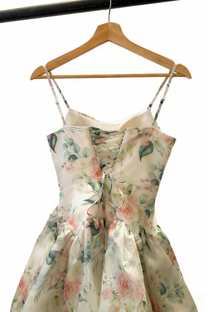 Pink & Green Floral Print Layered Organza Dress - Spring Fresh Style Gown gh6966