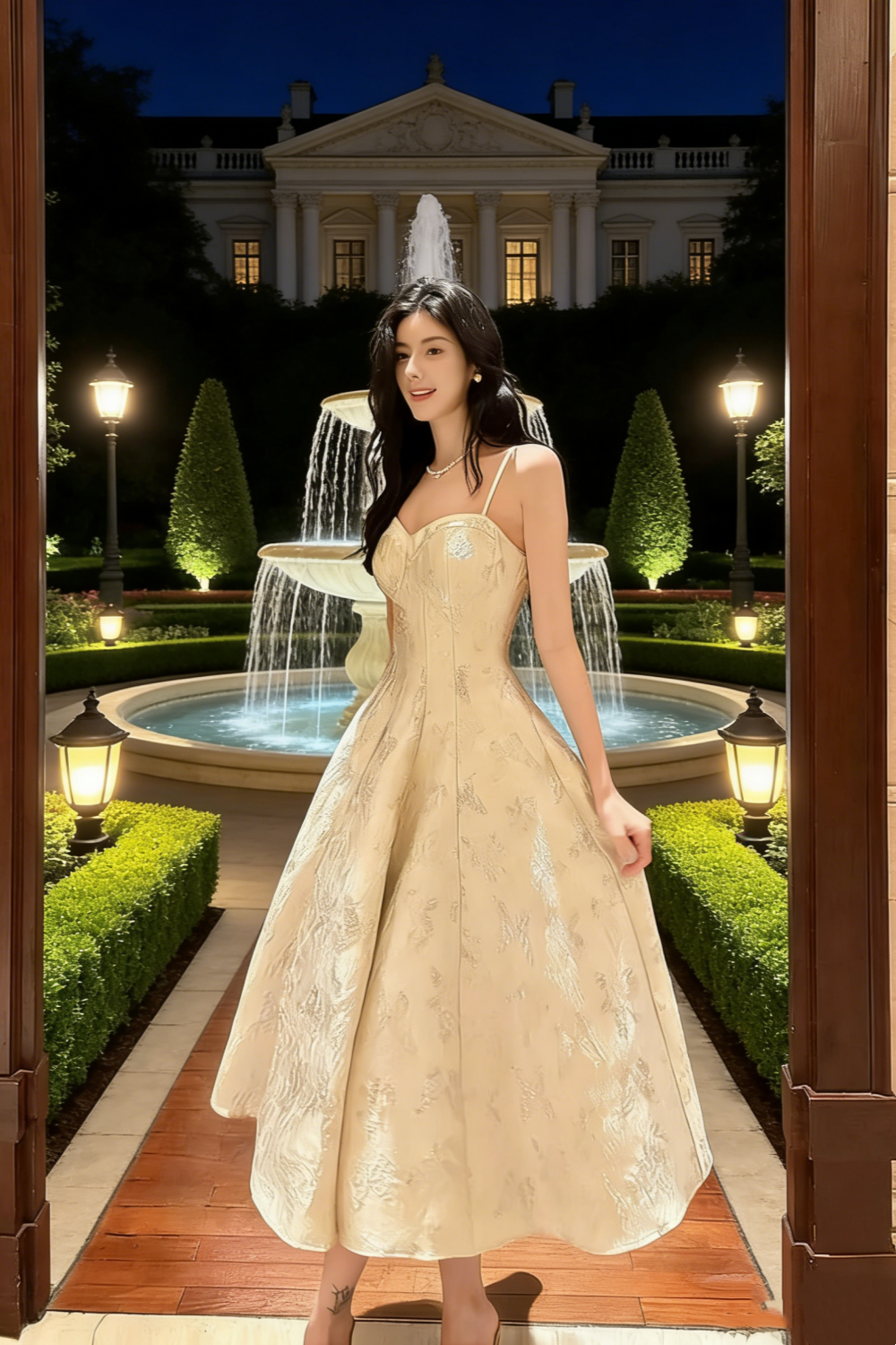 Champagne Jacquard Thin Spaghetti Strap Waist-Cinched Dress - Elegant Gown for Light Evening Events gh6959